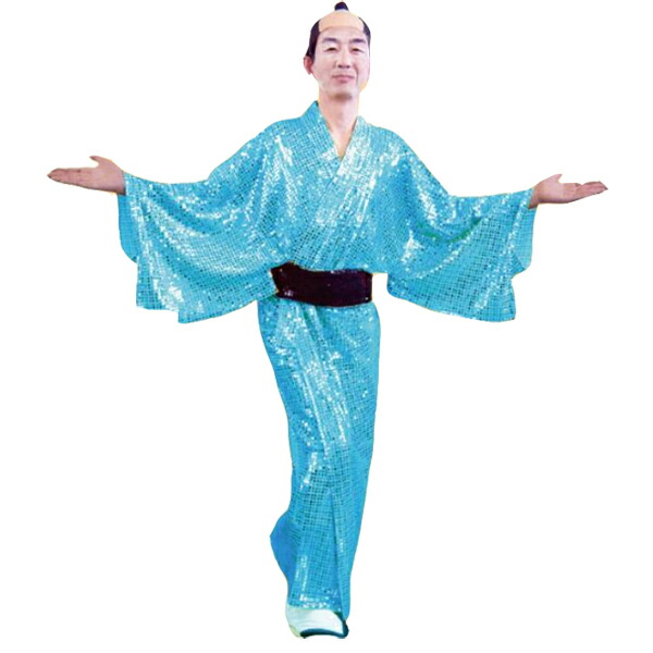 コスプレ　着物　キラキラ着流し　ブルー　仮装衣装　スパーク着流し　マツケンサンバ　衣装　青色　水色　着流し　男性　余興衣装