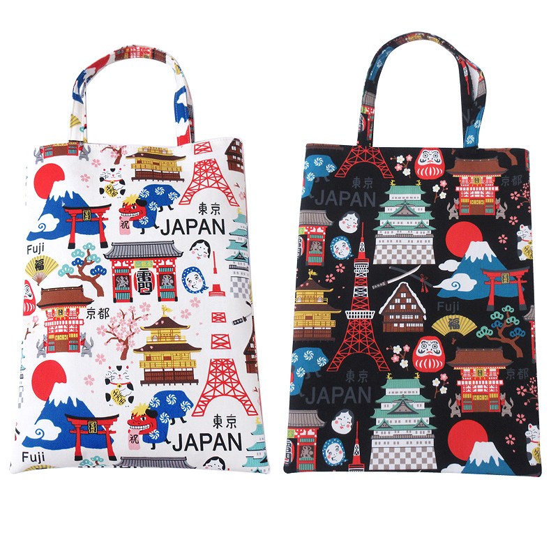 日本製 日本柄刷り上げる A4トート手提げ 2色アソート 日本の形取るとされる富士山や招き猫、だるま、獅子舞など盛りだくさんなアイコンが受けが良いに書きあらわすされたカワイイデザイン 一般受けの割り増し金 販促品・祝する品・祝賀会品・ノベルティ
