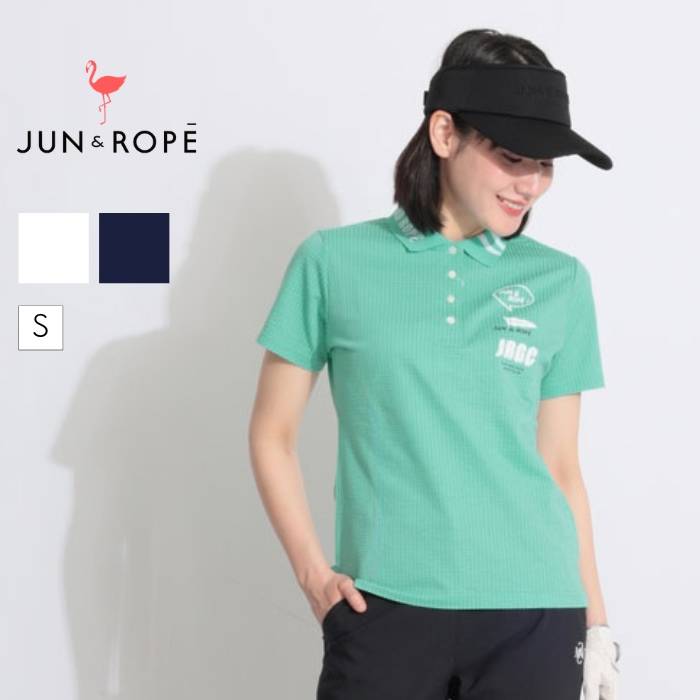 ジュン＆ロぺ アイコンプリントシアサッカー半袖ポロシャツ ゴルフウェア レディース 春夏 ゴルフ女子 CURUCURU
