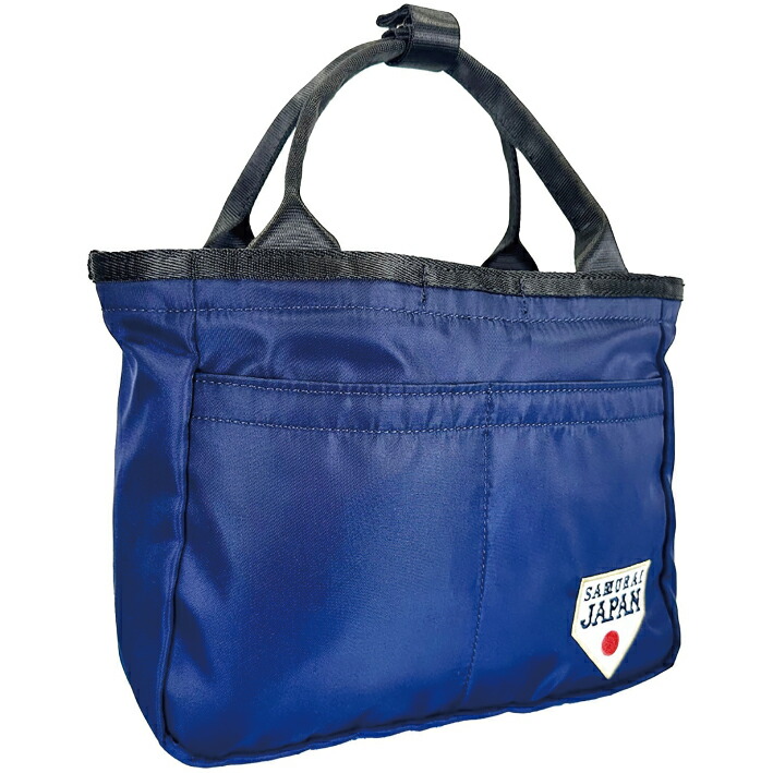 侍ジャパン ミニトートバッグ ラウンドバッグ WBC2026モデル 保冷ポケット付き 500ml対応 メッシュ ファスナーポケット装備 ポリエステル素材 公式ライセンス品 ネイビー SJSC-6422｜ゴルフマン