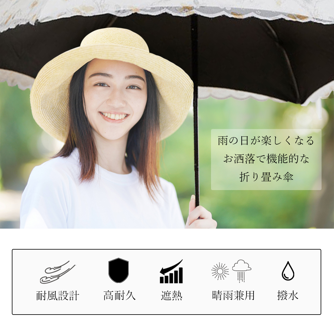 新しいブランド ✨大人気✨ 折りたたみ 傘 日傘 晴雨兼用 完全遮光 撥水 花柄 軽量 白黒