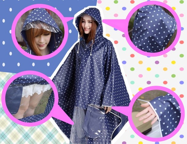楽天市場 送料無料 一度着るとやめられない かわいい ドット柄 水玉 みずたま もよう レインポンチョ 自転車 レディース ポンチョ 通学 通勤 レインウェア 女性用 フリーサイズ 合羽 雨合羽 カッパ かっぱ ツバ付き ｇood ｉｔｅｍ