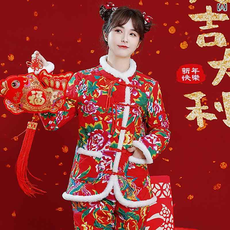 娘 チャイナ風 カジュアル 綿入り 服 綿入り 綿入り 村 冬 ジャケット 花 着た ジャケット ズボン 花柄 ジャケット 大 おしゃれ 5,858円