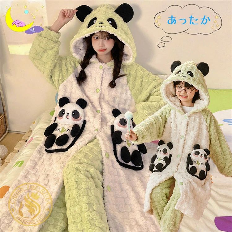 着 パンダ ペアパジャマ 冬 娘 可愛い パジャマ 親子 ママ パンツ ガウン ナイトガウン パジャマ もこもこ お揃い ルームウェア