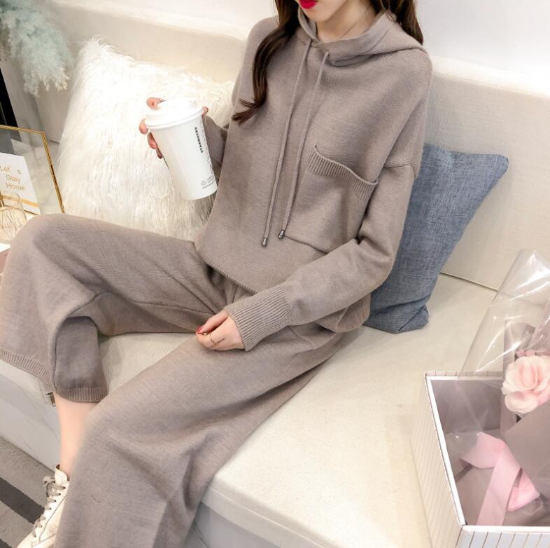 ロン プルオーバー ワイドパンツ ケーブル編み ニットセットアップ トップス セーター ニットガウチョパンツ フード付き