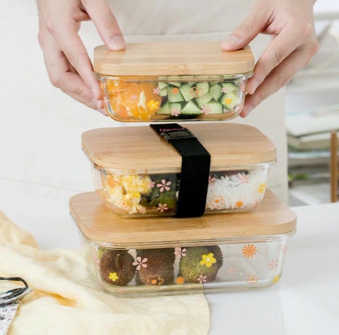 和風家庭用竹木カバーガラスクリッパーボウルクリッパー食器密封弁当箱ランチボックス電子レンジ冷蔵庫