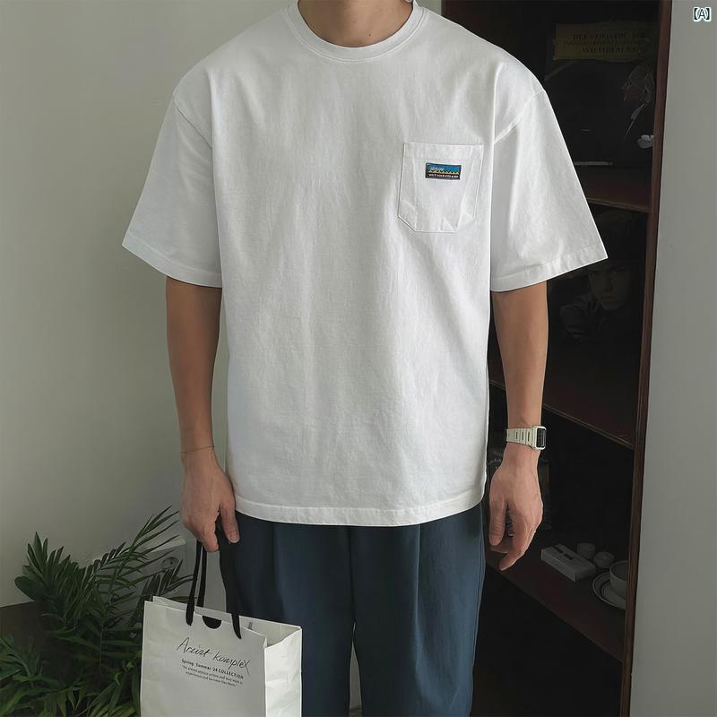 夏 韓国 メンズ Tシャツ 半袖 ラウンドネック ヘビー ホワイト