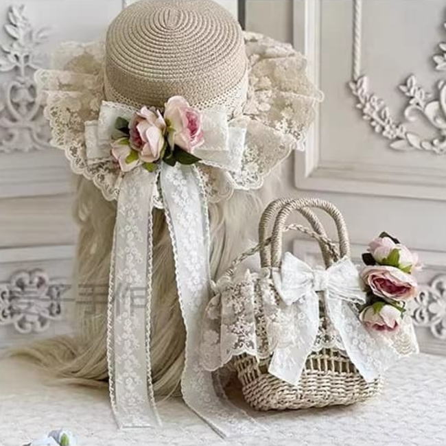 リボン セット ショルダー 紫 花 カゴバック レース 麦わら帽子 パープル 夏バッグ かごバ フラワー お花 ナチュラル カゴバッグ