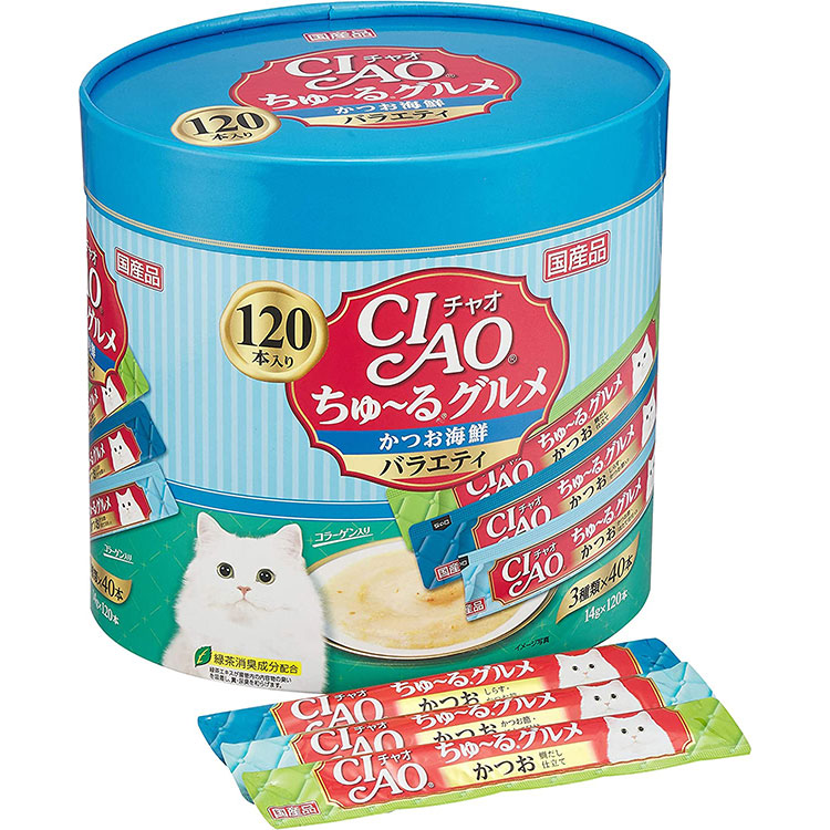 【4個セット】チャオ ちゅ～るグルメ CIAO ちゅーるごはん かつお海鮮バラエティ 120本入り かつお かつお節・ほたて貝柱入り しらす かつお節入り かつお鯛だし仕立て 猫用おやつ 猫用ふりかけ キャットフード チャオ いなばペットフーズ 正規品｜グッドドッグ