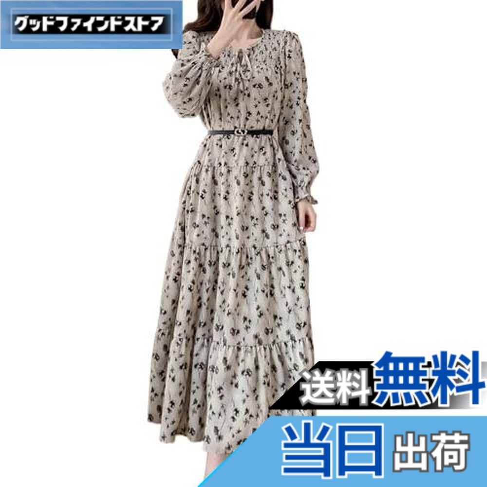 【送料無料】[cｈｕｂｉｋｉｍｅ] ロングワンピース 春 秋 レディース 花柄 ワンピース シフォン 長袖 ドレス Aライン フレアー ワンピース ベルト付き おしゃれ きれいめ