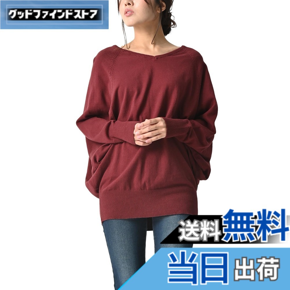 【送料無料】[ラルー] ニット 大きいサイズ レディース チュニック Vネック ドルマンスリーブ 色：バーガンディ、サイズ：LL-3L