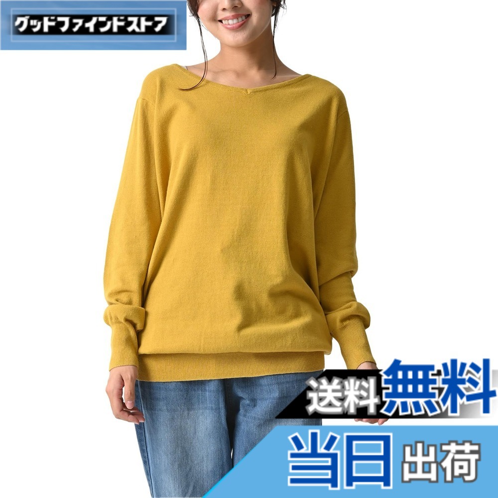 【送料無料】[ラルー] 大きいサイズ チュニック ニット Vネック リブ袖 ワンピース レディース ロング丈 色：マスタード、サイズ：LL-3L