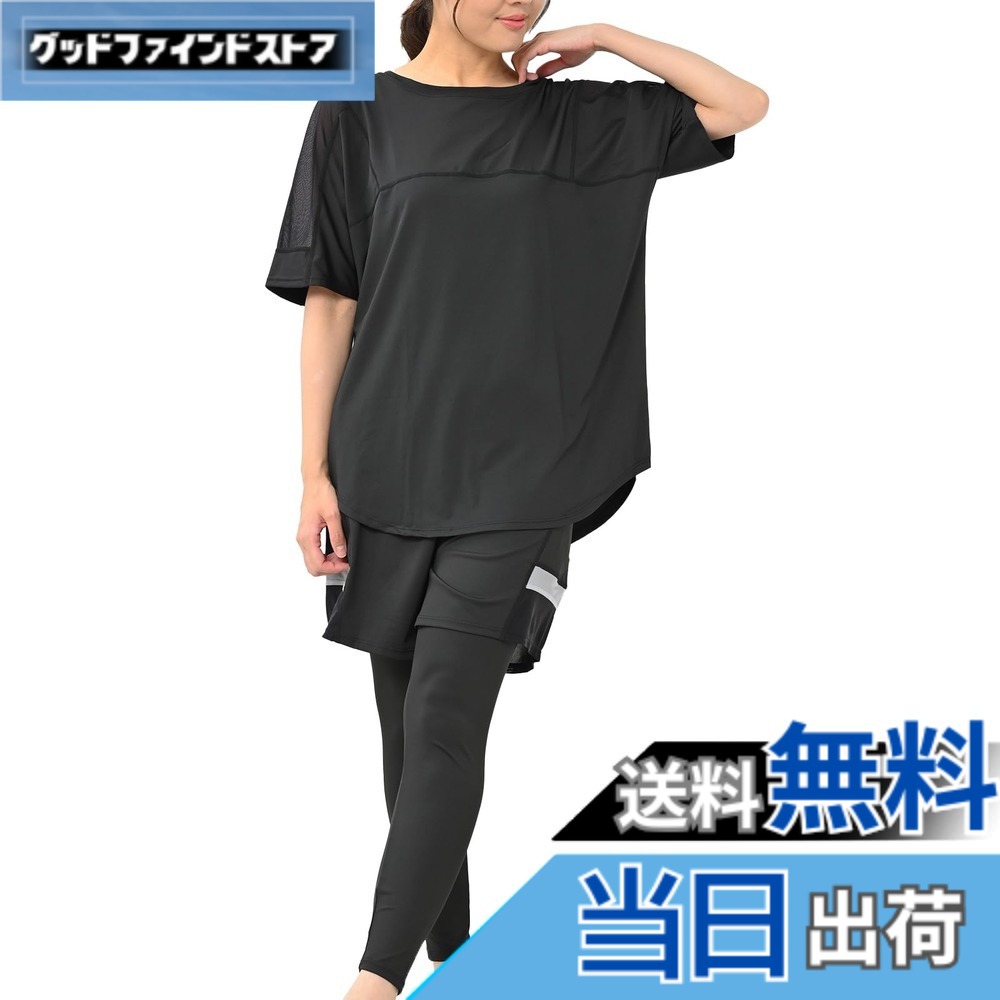 【送料無料】[JANJAM] 大きいサイズ レディース 上下3点セット メッシュ切替半袖Tシャツ ショートパンツ レギンスパンツ スポーツウェア セットアップ 色：ブラック、サイズ：LL｜グッドファインドストア