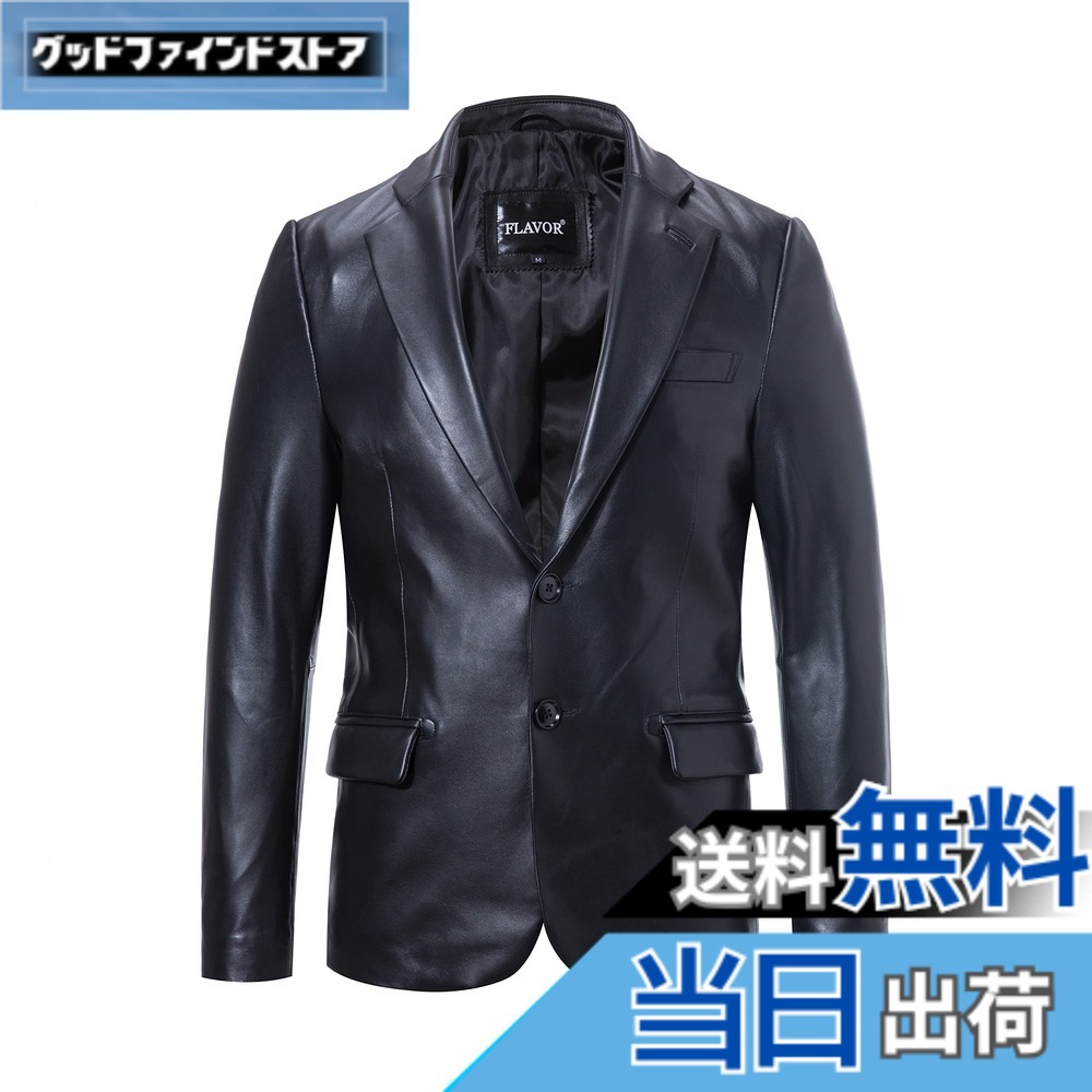 【貨物輸送無料】[FLAVOR] メンズ なめし革上衣 商行為厚地の外套 革ジャン 皮ジャン 羊革 本革 背広 厚地の外套 スリムフィットレテーラード 防風 保温 ホンブルグ帽 日月冬 色：黒いこと、大いさ：L Regular