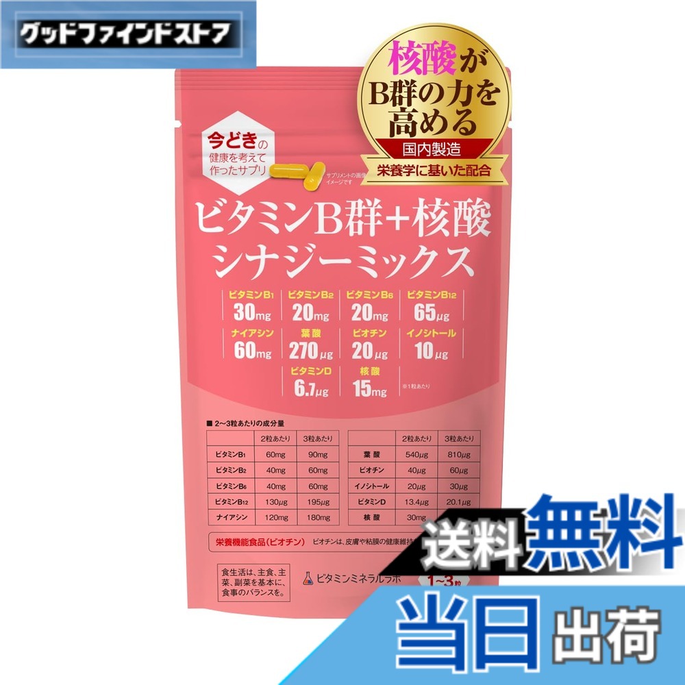 【送料無料】ビタミンB群+核酸 シナジーミックス【90粒入】1袋「ナイアシン」「核酸」強化配合/B1,B2,B6,B12,ナイアシン,イノシトール,パントテン酸,ビオチン/栄養のプロがプロデュース・おすすめのサプリ