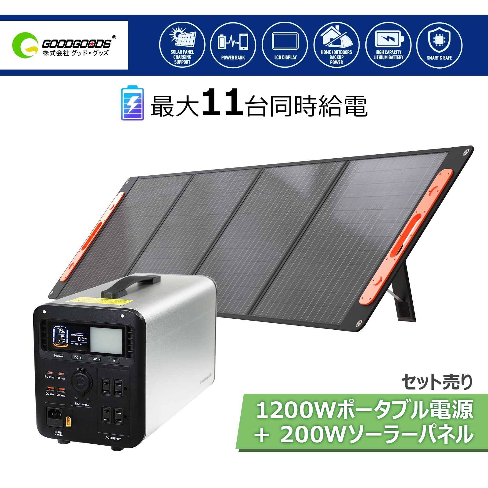 楽天市場】GOODGOODSポータブル電源 大容量 1200W ソーラーパネル セット ソーラーパネル 200W折り畳み式 単結晶 高変換効率  22.5% 太陽光発電 家庭用 蓄電池 発電機 節電 エコフロー アウトドア キャンプ 車中泊 作業 工事 地震 台風 停電  災害(SET-1200AT200WA ...