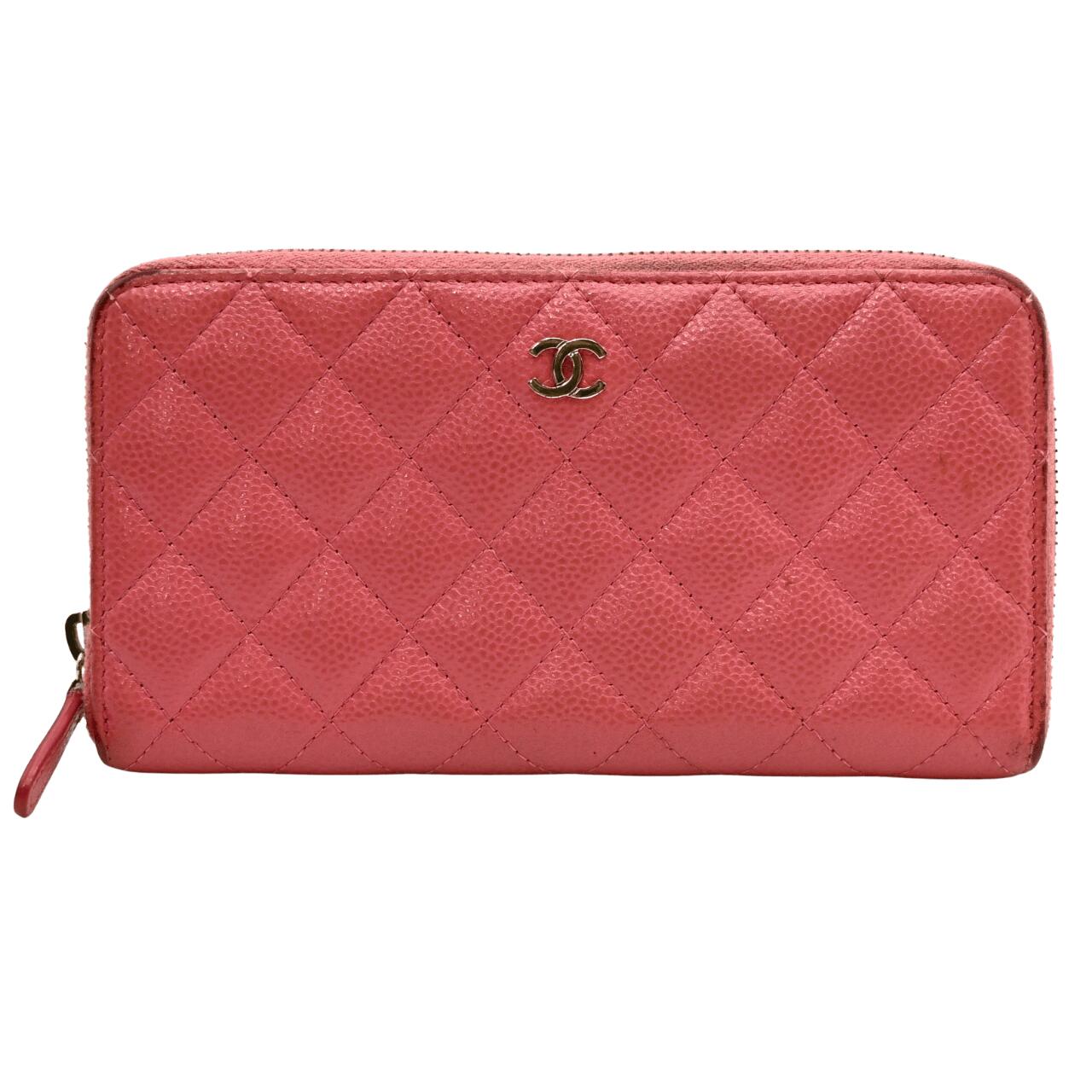 開運財布！新品未使用 マトラッセ キャビアスキン ピンク 財布 正規保証2863 シャネルCHANEL キャビアスキンマトラッセ三つ折り財布ピンク