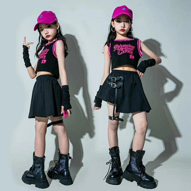ガールズ ジャズ ダンス衣装 韓国 k-pop ヒップホップ チアガール ヘソ出し トップス jazz セットアップ 女の子 スカートセット 可愛い