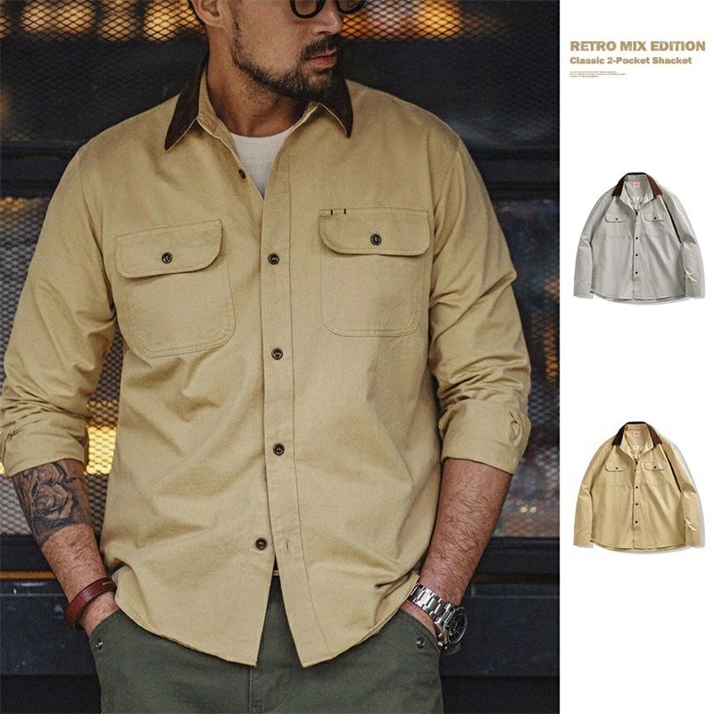 RETRO MIX EDITION Classic 2-Pocket Shacket ヴィンテージ アメカジ 綿織物 メンズ長袖プルオーバートップ S～2XL 秋冬