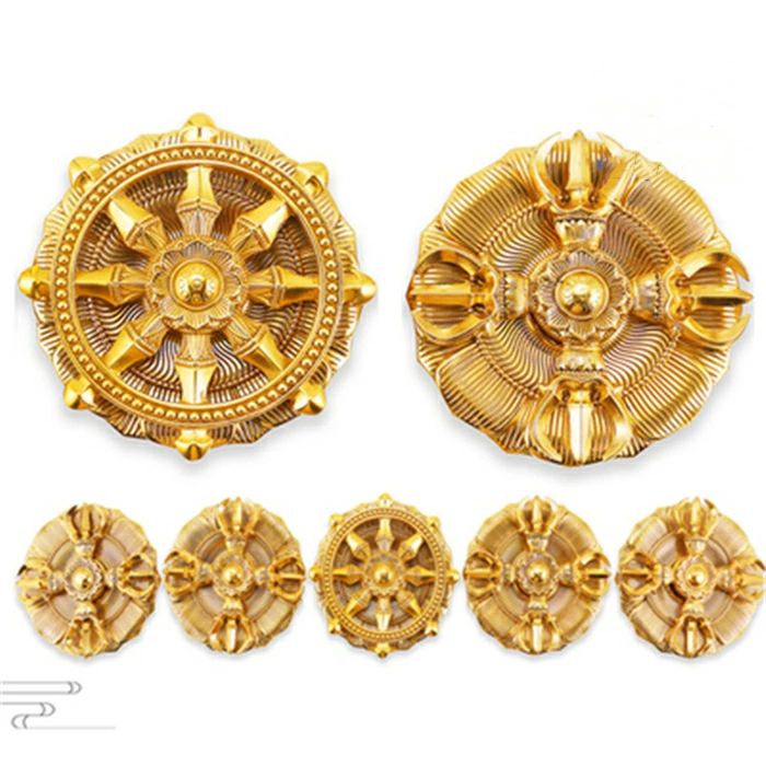 【送料無料】希少新品！輪宝＆輪羯台 5点セット 真鍮製4寸130mm 密教法具