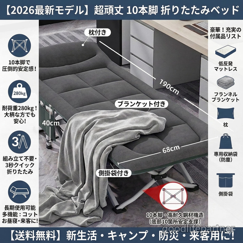 2026最新青写真 折りたたみ臥榻 シングル 10本脚 飾り気の無い臥榻 耐荷重280kg 精神的な統合不必要 マットレス付き添い人 コット 睡眠時間 難民キャンプ 執務室 庭 見舞い客用 介護 防災 納める袋付 持ちはこぶ 手ごわい