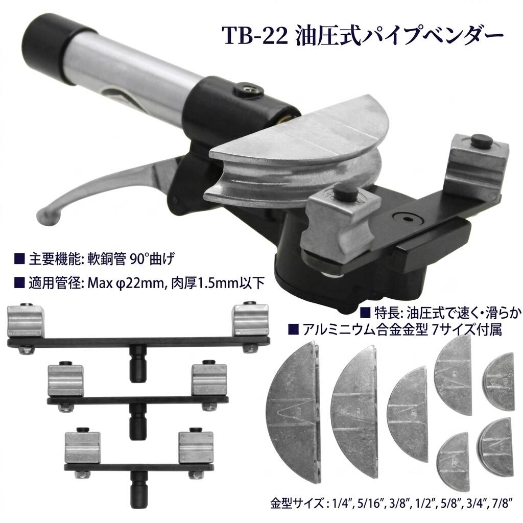 パイプベンダー 油圧式 配管曲げ機 チューブベンダー 1/4、5/16、3/8、1/2、5/8、3/4、7/8in軽銀アロイ金型付き 90° 手動