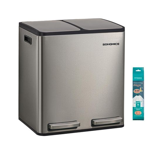 SONGMICS ゴミ箱 分別 ふた付き 2x15 L 2分割 キッチン用ダストボックス ステンレス製 ペダル ペットボトルや缶収納 ゴミ袋 15 枚付属、取り外し可能な内桶 取っ手付き、ソフトクロージャー機&hellip;｜グッドグッドライフショップ