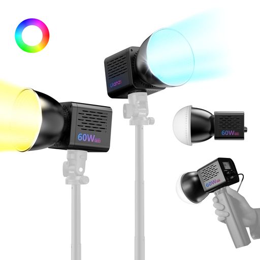 Ulanzi60WRGBCOB撮影用ライトLEDビデオライトデュアル色温度2500K-6500K高演色高輝度CRI95+/TLCI96+20種類照明効果無段階調光3300mAhDC電源Type-C充電ポート