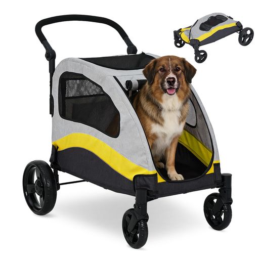 Mulanimo愛玩動物手押し車大型犬多頭用耐荷重88kg折りたたみ360度回転させるぼうぜん自失吸い入れるサスペンション3WAY通いつめる口洗える引っ敷き付き添い人ペットバギー犬用乳母車通院お出かけ旅する黄色