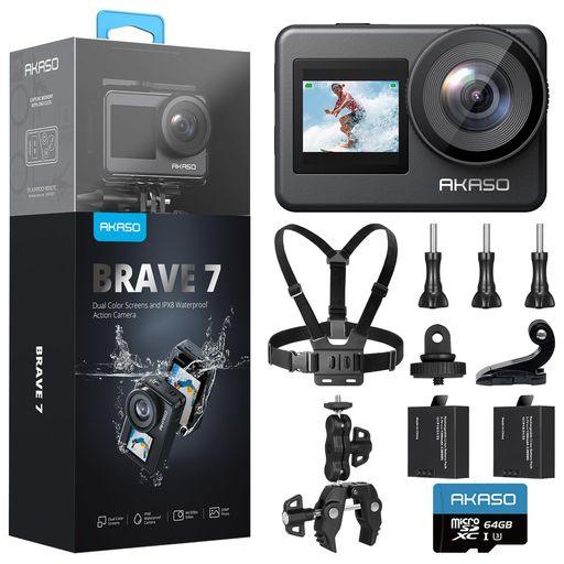 AKASO Brave7 動き写真器 4K 動きカム 64GB歌留多付き添い人 IPX8本機雨合羽10M 水中写真器 6軸手ぶれ手を加える チェストストラップ+スーパークランプ