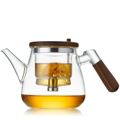 ポカロティー耐熱ガラスティーポット飄逸杯満水容量870ml押し出し式茶こし付き簡単便利なお茶の淹れ方透明ガラス急須直火対応熱湯可蓋付き木製持ち手付き紅茶緑茶玉露烏竜茶麦茶ジャ…