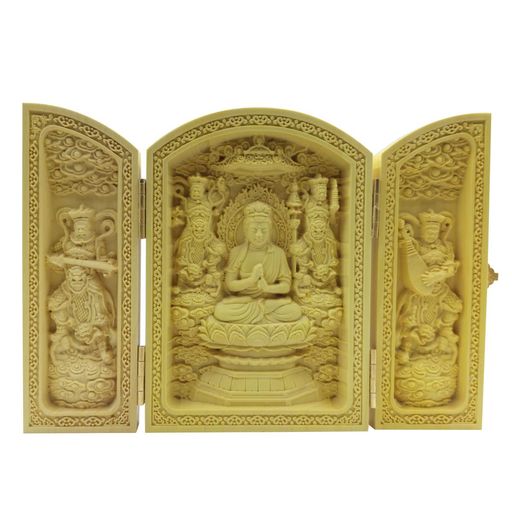 木彫り仏像【三開仏】(板形)大日如来【四天王:多聞天?広目天?増長天?持国天】彫刻ツゲ柘植◆開運・守り本尊・携帯・お守り(高さ10.5CMx直径7CMx奥行2.5CMx開口幅14.5CM)