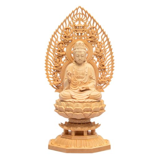 THECHANGER繁樓藝雕仏像仏壇仏像観音菩薩観音像桧木製木彫り置物飛天光背八角台座祈る厄除け(高さ28CMX巾12CMX奥行12CM)
