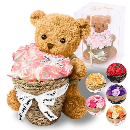 ソープフラワー 誕生日プレゼント 【くまさんとバラ】 クマのぬいぐるみ 敬老の日 プレゼント 女性 人気 クリスマス [FOREVERFLOWERS ピンク単色]