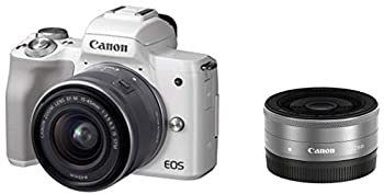 【中古】（非常に良い）Canon ミラーレス一眼 EOS Kiss M ホワイト ダブルレンズキット EF?M22mm F2 STM/EF-M15-45mm F3.5-6.3 IS STM付属 EOSKISSMWH-WLK