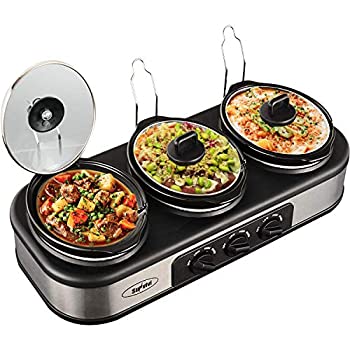 【中古】（非常に良い）トリプルスロークッカー 滑り止め脚 3×1.5クォート スロークッカー ビュッフェサーバー 3ポット フードウォーマー 調節可能な温度蓋置き ステン