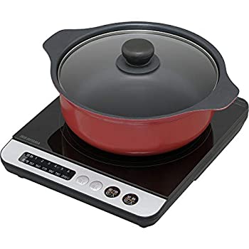 【中古】（非常に良い）アイリスオーヤマ IHクッキングヒーター 1400W 鍋セット ブラック/レッド IHKP-3524-B/R