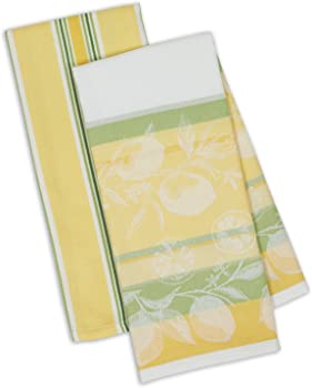 【中古】（非常に良い）DII Kitchen Dish Towel Set 2 Riviera Lemons Yellow Green Includes 1 Lemon Print & 1 Stripe｜GoodLifeStore