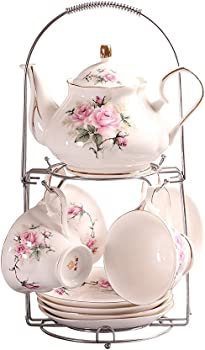 【中古】（非常に良い）手塗りのピンクの花のボーンチャイナ15ピースのイギリスのお茶セット