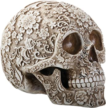 【中古】（非常に良い）8 Inch White and Light Brown Colored Floral Human Skull Figurine by Summit [並行輸入品]