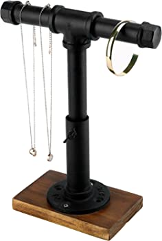 【中古】（非常に良い）工業パイプT - Barジュエリーブレスレット&ネックレス調節可能な高さ表示スタンドwith木製Base