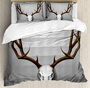 【中古】（人並み外れたに好いたらしい）Antler室内装飾布団取りまかなう書き割りby Ambesonne、写実的な鹿スカルwith Large Horns Elkスケルトンon普遍化Backdrop、かざり付ける寝具書き割り枕、赤銅色