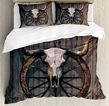【中古】バーンウッドワゴンホイール布団取りまかなう書き割りby Ambesonne、ロングHorned Bull Skull And Old West手押し車車輪on飾り気のないな壁、かざり付ける寝具書き割りwit