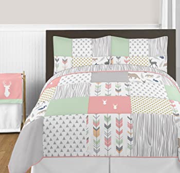 【中古】（非常に良い）[スウィートジョジョデザイン]Sweet Jojo Designs Coral, Mint and Grey Woodsy Deer 3 Piece Full / Queen Bedding Set [並行輸入品]
