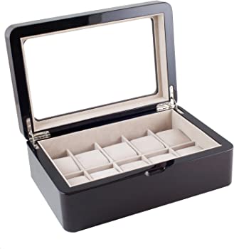 【中古】（非常に良い）Caddy Bay Collection 光沢エスプレッソウッド仕上げ 腕時計ボックス ディスプレイケース ガラストップ 腕時計10個収納