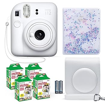 【中古】(非常に良い)FUJIFILM インスタントカメラ チェキミニ 12 クレイホワイト + 富士フイルム チェキフィルム バリューパック(40枚入) + シャッターアクセサリー