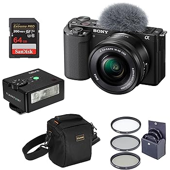 【中古】(非常に良い)Sony ZV-E10 ミラーレスカメラ 16-50mmレンズ、フラッシュポイントiM30ミニフラッシュブラックバンドル、カメラ、、ショルダーバッグ、フィルタ