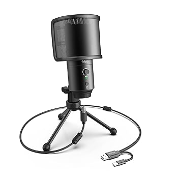 【中古】FIFINE USBコンデンサーマイク パソコンマイク プレステマイク 単一指向性 イヤホン出力端子 USB-A/Cの分岐ケーブル ポップガード ワンタッチミ