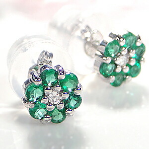 K18WG フラワーモチーフ エメラルド ダイヤモンド ピアス！ エメラルドピアス ダイヤピアス ジュエリー ホワイトゴールド フラワーピアス 花ピアス 可愛いピアス ５月 送料無料 品質保証書 ギフト プレゼント