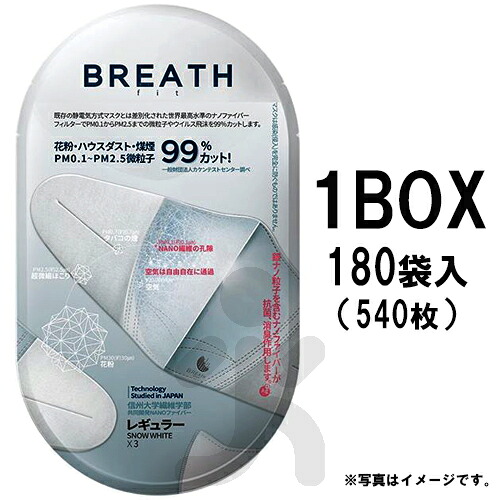 メーカー直営店 BREATH SILVER FIT MASK ブレスマスク フィット ホワイト レギュラー 1BOX（180袋、1袋3枚入、540枚）PM0.1～PM2.5対応 ナノマスク ウイルス対策 目玉商品